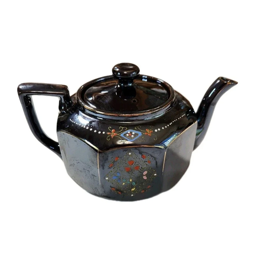Vintage Japanese Teapot Brown Glazed Gold Trim Hand Painted 8 Sided Ceramic